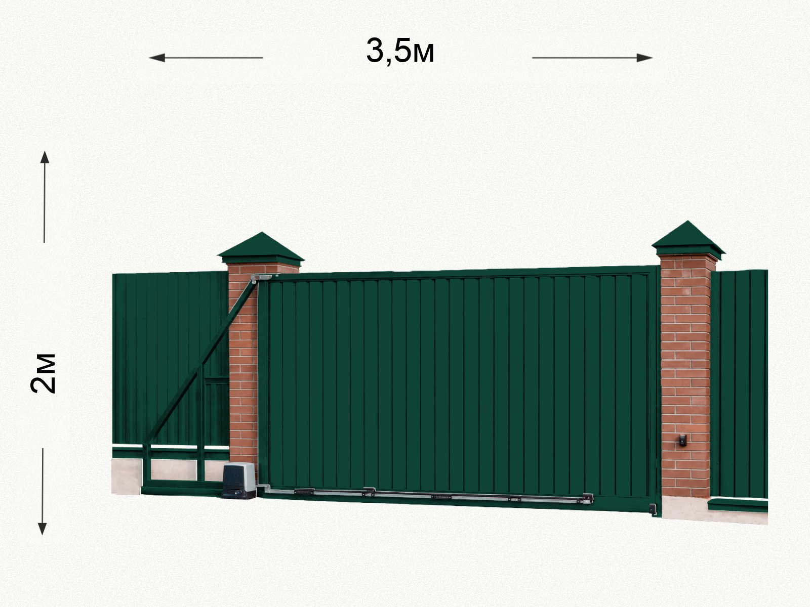 Откатные ворота на кирпичных столбах 2×3,5 м из сварной сетки