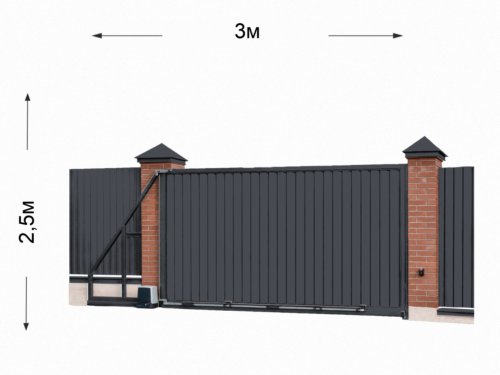 Откатные ворота на кирпичных столбах 2,5×3 м из профнастила